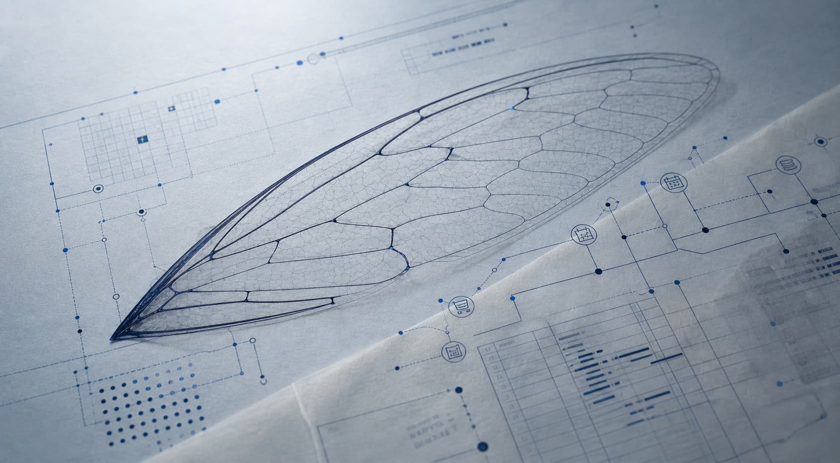 A pale blueprint-style cicada wing over an operational system map with cobalt nodes and fine workflow lines.