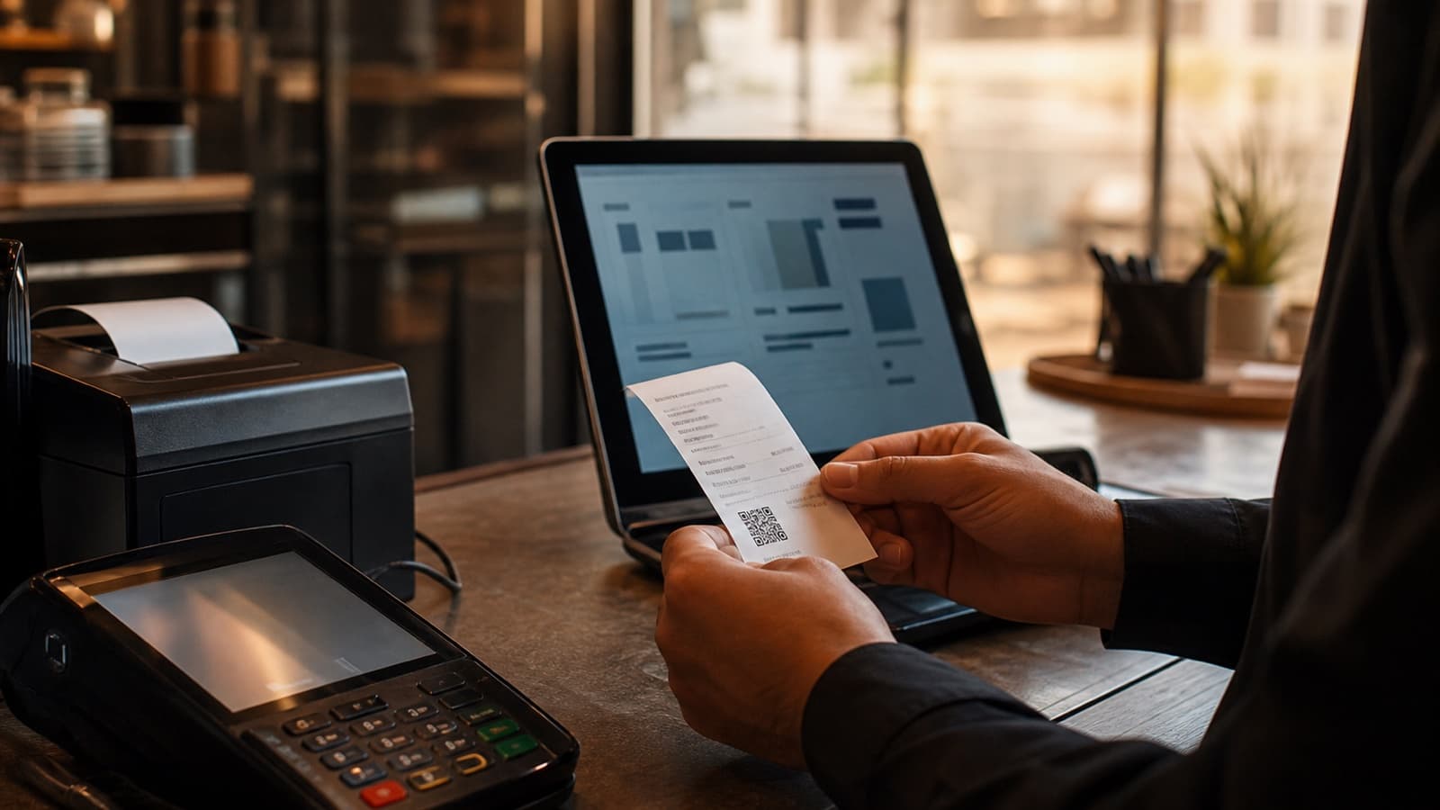 A business operator reviews a QR-coded receipt beside a POS terminal and invoice dashboard.