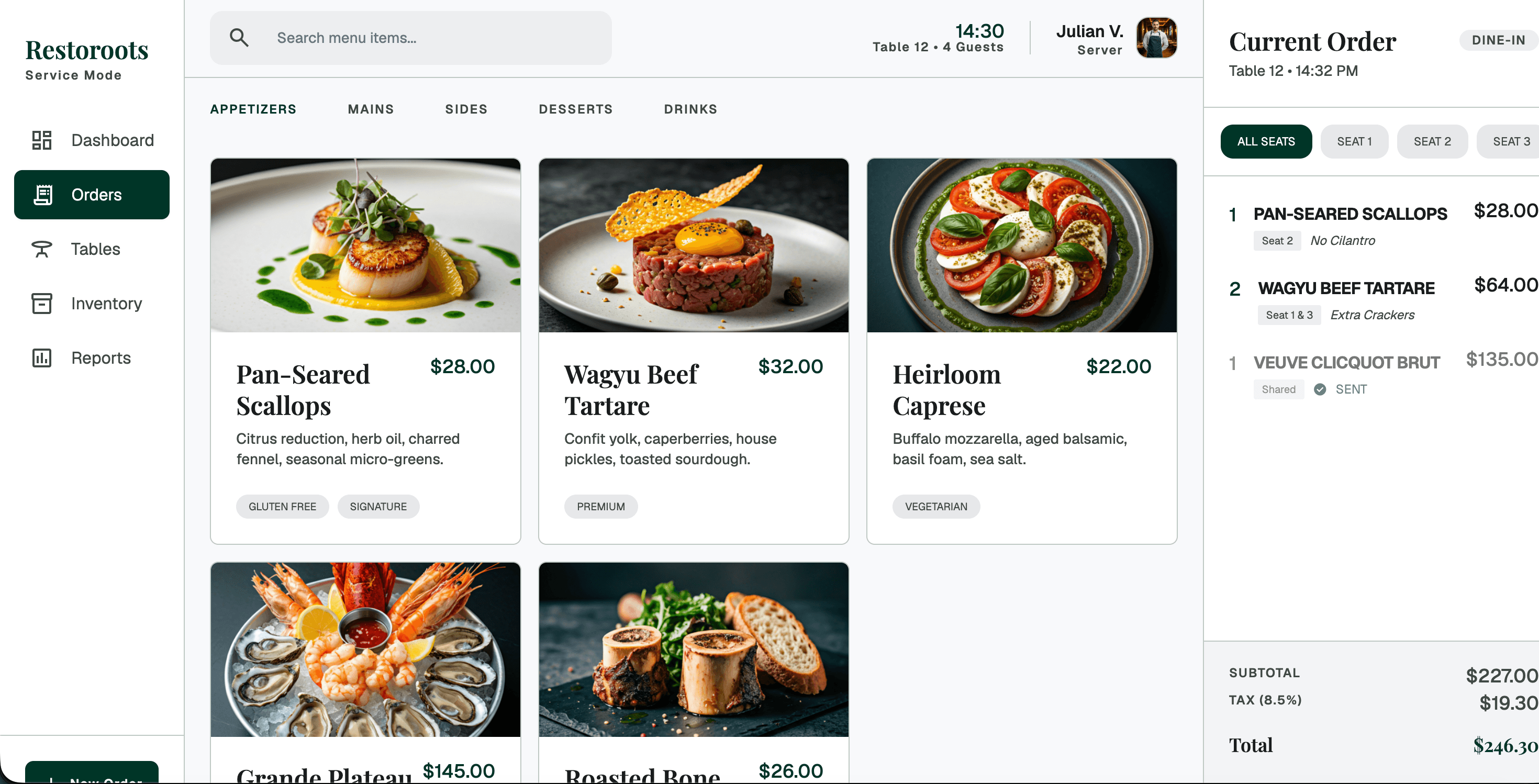 RestoRoots point-of-sale screen with menu categories and an open order ticket